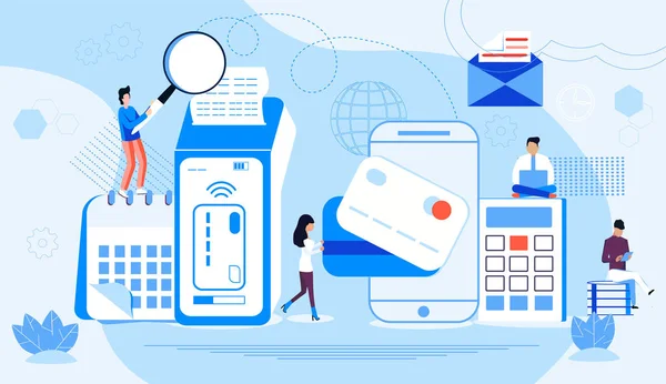 NFC 터미널 컨셉트 벡터. NFC 는 은행 신용 카드로 결제 한다. POS 터미널은 스마트폰을 사용하여 전자 결제를 확인 한다. 고객들은 무제한 또는 무선 구매를 합니다. 온라인 뱅킹 서비스. — 스톡 벡터