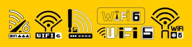 Wi-Fi 6 simge vektörü. Yeni kablosuz üretim logosu. Beyaz arkaplanda yüksek ağ bant genişliği çizimi. Wifi 6 sertifikalı yönlendirici ve ağ bağlantısı için yeni nesil telekomünikasyon.