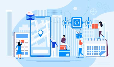 Drone teslimat konsept vektörü. Çoklu helikopter kutu taşıyor. Kamera İHA 'sı uçuyor, profesyonel hava görüntüsü. Mini helikopter kutuyu teslim ediyor. Hava modern lojistik sistemi hızlı nakliye