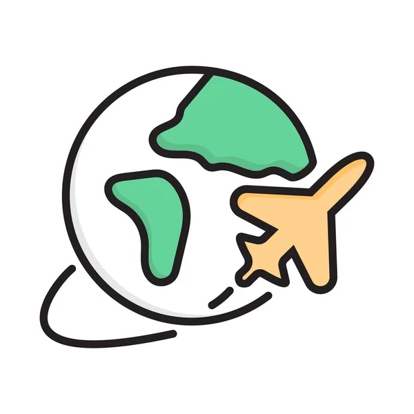 Globe with plane. Travel icon vector in outline style. World trip sign for website, infographic, agency. Tourism simple illustration.