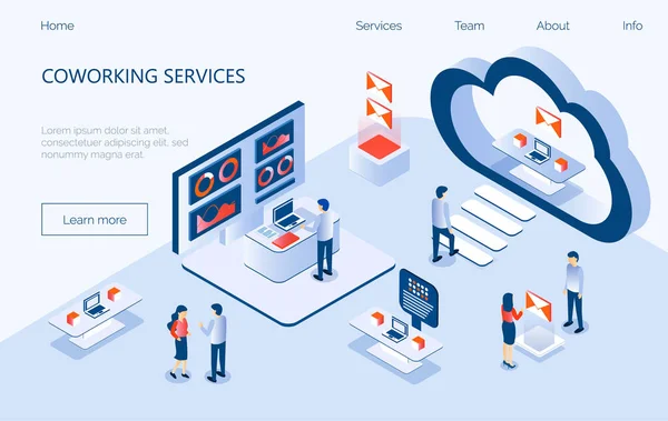 Servicio de coworking isométrico concepto vector. Oficina de compañeros de trabajo con personajes. Oficina en la nube para negocios de Internet. Freelancers trabajando en línea. Optimización geográfica, desarrollo web, copywriting — Archivo Imágenes Vectoriales