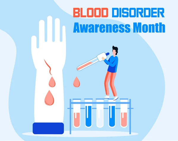 Blood Disorder Awareness Month (em inglês). Vetor conceitual da hemofilia. Médicos minúsculos examinam a não coagulabilidade do sangue, tratam o paciente. Mão com uma hemorragia —  Vetores de Stock