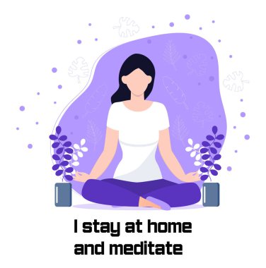 Coronavirus önleme konsepti vektörü. Kız arabuluculuğu seviyor ve herkesin evde kalmasını istiyor. Sosyal kampanya ve kendini izole eden insanları desteklemek.