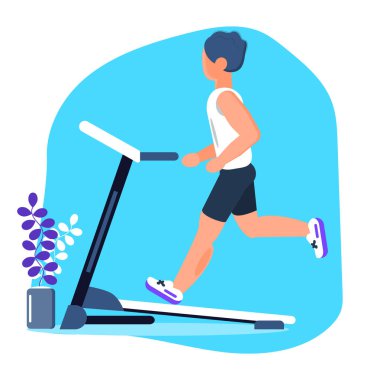 Adam spor salonunda koşu bandında koşuyor. Aktivite, fitness, düz stil kilo verme programı vektörü. Koşu ve koşu konsepti. Atlet için kardiyo programı.