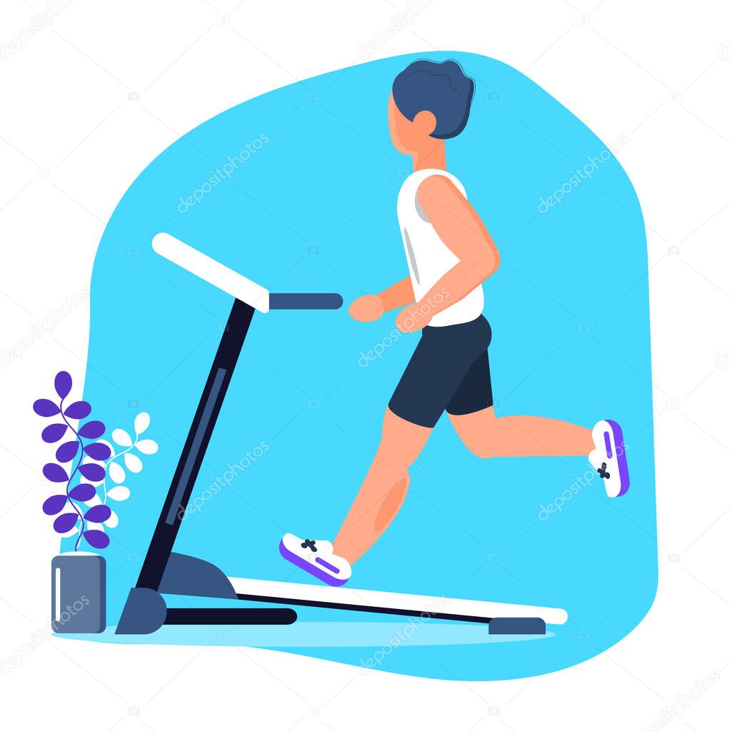 Man runs on the treadmill in gym. Activity, fitness, losing weight program vector in flat style. Running and jogging concept. Cardio program for athlet.