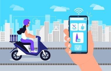 Yemek teslimatı konsepti. Takip uygulamalı akıllı telefon ekranı. Teslimatçı kadın taze bir yemekle motosiklet sürüyor. Restoran yemek siparişi online illüstrasyon.