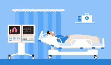 Bilinçsiz hastalar için canlandırma ekipmanları. Tıbbi havalandırma için oksijen sensörü olan yoğun bakım kliniği. Koronavirüsü olan hastaların tedavisi, virüs salgını konsepti taşıyıcısı.
