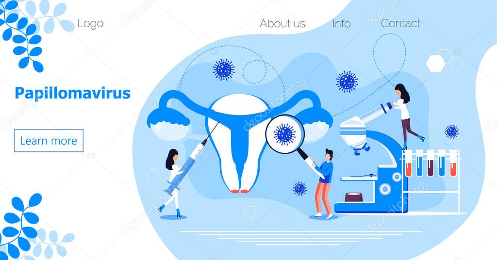 Papillomavirus concept vector for homepage of medical website. HPV is reason of cervical cancer. Tiny doctors treat human papilloma virus.