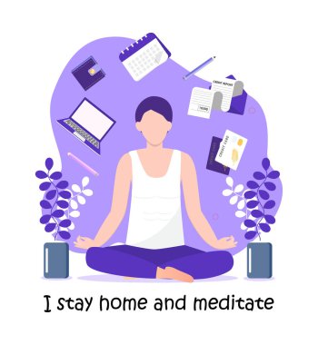 Coronavirus önleme konsepti vektörü. İnsanlar farklı aktiviteler yapar ve herkesten evde kalmasını ister. Sosyal kampanya ve kendini izole eden insanları desteklemek.