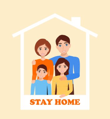 Gülümseyen aile pencerenin yanında durup herkesin evde kalmasını istiyor. Sosyal kampanya ve kendini izole eden insanları desteklemek. Coronavirus önleme vektörü.