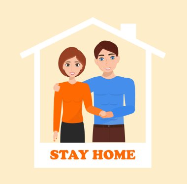 Gülümseyen aile pencerenin yanında durup herkesin evde kalmasını istiyor. Sosyal kampanya ve kendini izole eden insanları desteklemek. Coronavirus önleme vektörü.