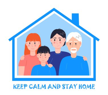 Gülümseyen aile pencerenin yanında durup herkesin evde kalmasını istiyor. Sosyal kampanya ve kendini izole eden insanları desteklemek. Coronavirus önleme vektörü.