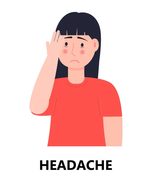 Ícone vetor de dor de cabeça. Gripe, frio, sintoma é mostrado. A mulher pôs a mão na testa. Conceito de doença respiratória. Ilustração pessoa com enxaqueca, epilepsia . —  Vetores de Stock