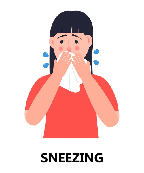 Estornudo, vector de icono de chica tos. Se muestra la gripe, el resfriado y los síntomas del coronavirus. Mujer estornudar en las manos tomando toallita. Ilustración de personas infectadas. Concepto respiratorio . — Vector de stock