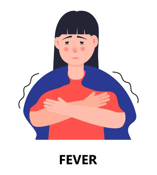 Febre alta de vetor ícone menina. Gripe, frio, sintoma de coronavírus é mostrado. A mulher está febril e a tomar o termómetro. Ilustração pessoa infectada. Doença respiratória —  Vetores de Stock