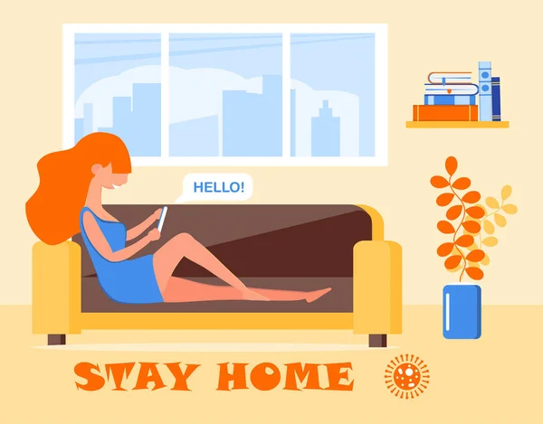 Coronavirus prevention concept vector. Girl is sitting on the sofa, chatting and asking that everybody stays at home. Social campaign and support people — Stock Vector