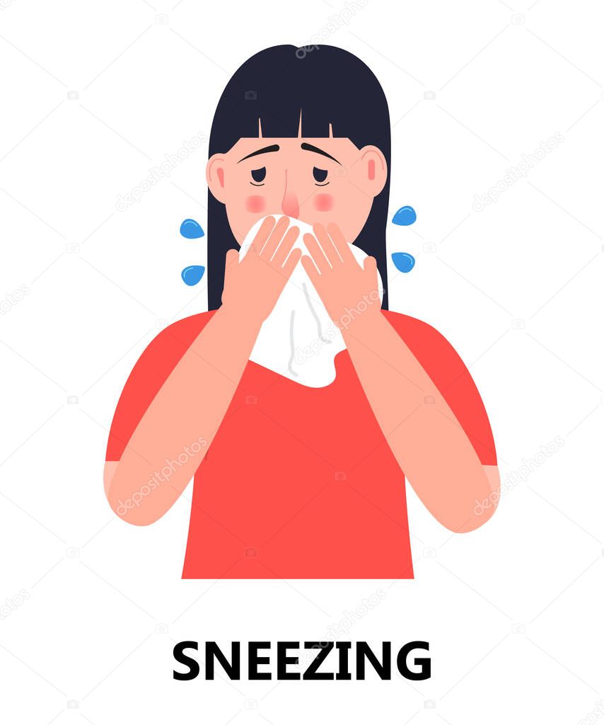Sneezing, cough girl icon vector. Flu, cold, coronavirus symptom is shown. Woman sneeze in hands taking wipe. Infected person illustration. Respiratory concept.