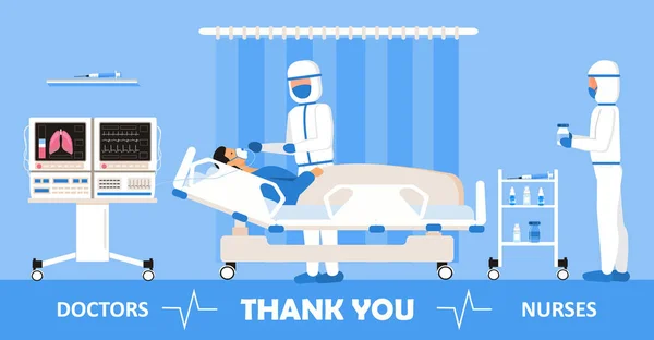 病院で働く医師や看護師さんに感謝します。背景には酸素センサーを搭載した集中治療室があります。コロナウイルスと戦うための医師のおかげで. — ストックベクタ