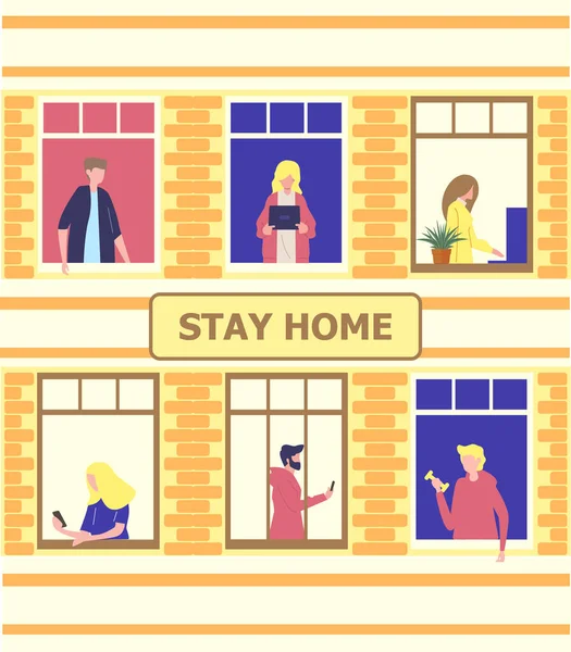 Stay home concept. House facade with windows of apartments. Neighbors are doing daily things. People are drinking tea, talking. Social campaign and support people — Stock Vector