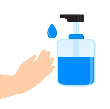 El dezenfektanı uygulama vektörü. Kişisel hijyen önleyici, enfeksiyon kontrol sembolü. Antivirüs koruma illüstrasyonu. Jel yere düşüyor..