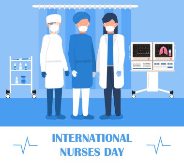 International nurses day is celebrated in May. Medical staff are standing. Nurses and doctors are wearing medical masks. Health care banner, poster vector illustration. clipart