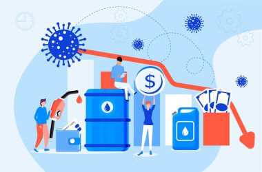 Petrol fiyatı konsept vektörünü düşürüyor. Petrol piyasası krizi. Corona-virüs etkisi düşen petrol fiyatları üzerinde. Kırmızı ok sıfıra düşüyor. Paniğe kapılmış küçük iş adamları. Petrol kulesi, benzin istasyonu, varil