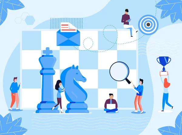 国际象棋游戏概念向量 人的工作 营销策略的例证 成功的团队合作和竞争 小人物与女王和骑士下棋 — 图库矢量图片