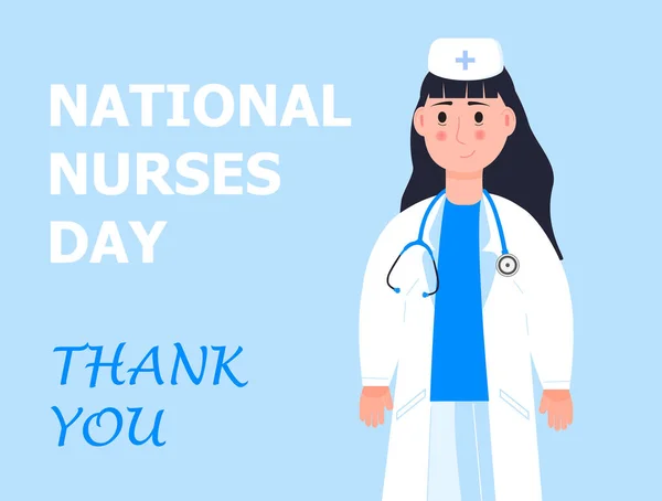 美国五月庆祝全国护士日 护士站在那里 带着听诊器 蓝色背景 让我们来感谢你 保健横幅 海报概念载体 — 图库矢量图片