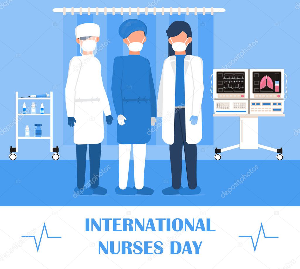 International nurses day is celebrated in May. Medical staff are standing. Nurses and doctors are wearing medical masks. Health care banner, poster vector illustration.
