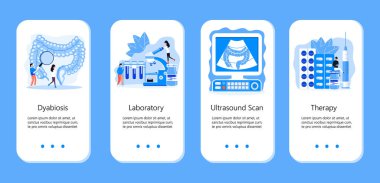 Bağırsak doktorları disbiyozu muayene eder, tedavi ederler. Küçük terapist zararlı bakterilere büyüteçle bakıyor. İniş sayfası, web sitesi, uygulama için sağlık uygulaması şablonları düz stil