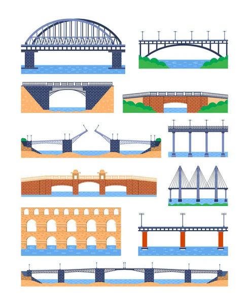 Conjunto de metal y piedra puentes vector. Elemento arquitectónico de la ciudad y puente-construcción a través del río con calzada aislada y linternas en paisaje colorido — Archivo Imágenes Vectoriales