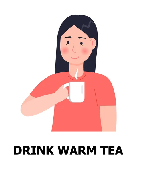 Trinken Sie warmen Tee. Mädchen ist krank, nimmt Tasse und trinkt heißen Tee zur Vorbeugung gegen Grippe, Influenza. Ikone des Gesundheitswesens — Stockvektor
