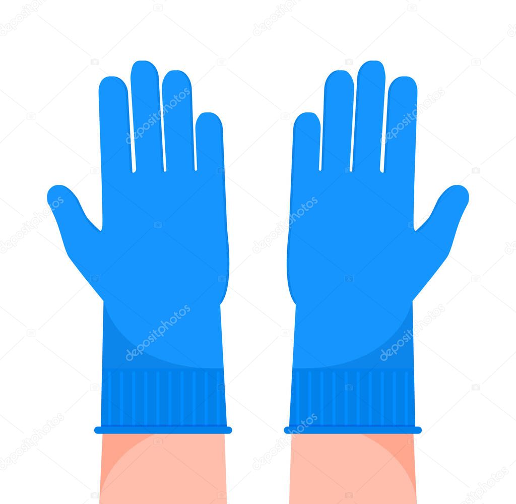 Protective gloves are put on hands. Blue latex gloves for protection skin against harmful viruses and bacteria. Disinfection equipment icon vector isolated
