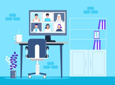 Uzaktan kumanda sınıfı ders çalışıyor. Video konferans konsept vektörü. Karantina sırasındaki sosyal mesafeler. Üniversite çevrimiçi kurs illüstrasyonu. Telekonferans ve Webinar konsepti. Oda boş..