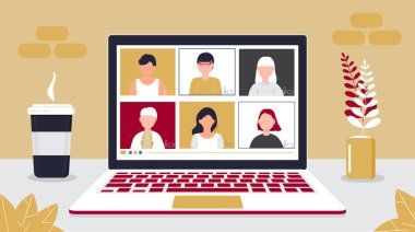 Uzaktan kumanda sınıfı ders çalışıyor. Video konferans konsept vektörü. Karantina sırasındaki sosyal mesafeler. Üniversite çevrimiçi kurs illüstrasyonu. Telekonferans ve webinar konsepti.