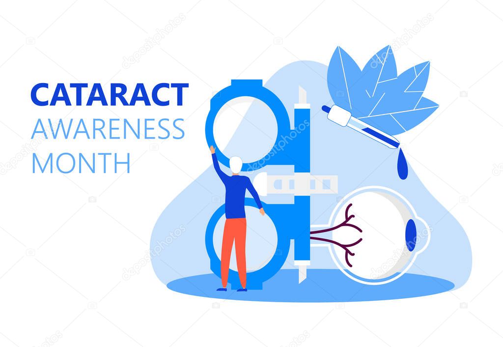 Cataract awareness month is celebrated in June. Glaucoma disease and nephropathy problems. Ophthalmologist concept illustration. Eyesight check up with tiny people character for web.