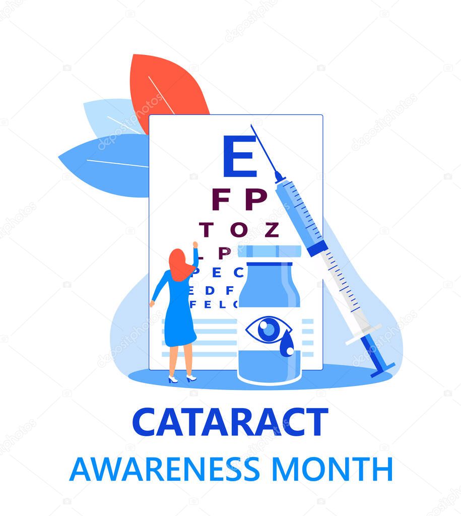 Cataract awareness month is celebrated in June. Glaucoma disease and nephropathy problems. Ophthalmologist concept illustration. Eyesight check up with tiny people character for web.