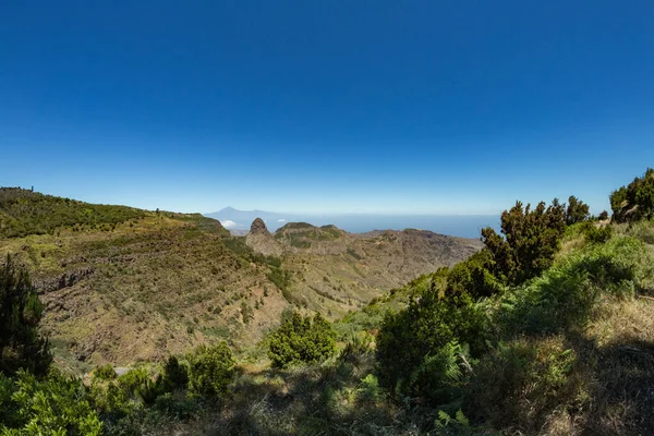 Panoramatický výhled na Tenerife Island se sopkou Teide nad obzorem a Los Roques se nachází nedaleko národního parku Garajonay v La Gomeru. Houštiny pozůšenců a vřesu na prudkých zelených svazích. Kanárské — Stock fotografie
