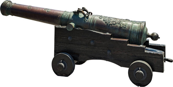 Ancient cannon. Antique bronze gun on a wooden carriage with wheels isolated on white background