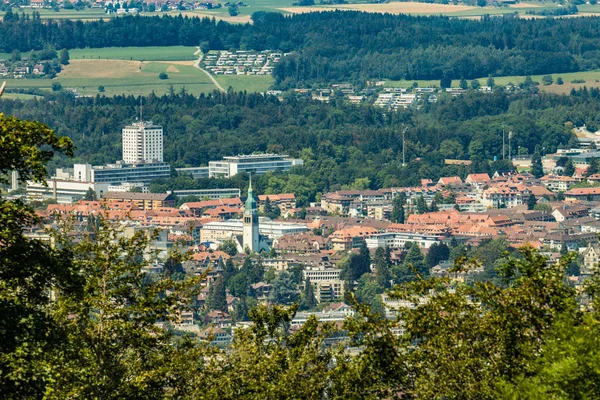 Bern, İsviçre - 30 Temmuz 2019: Güneşli yaz gününde Gurten Dağ Parkı 'nın tepesinde panoramik manzara. Telefoto mercek görüntüsü