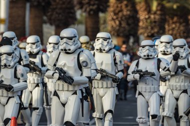 SANTA CRUZ DE TENERIFE, SPAIN - FEBRUARY 25, 2020: Coso parade - along the Avenida de Anaga, official end of Carnival. Again march carnival groups, floats, decorated cars and the Carnival Queens.