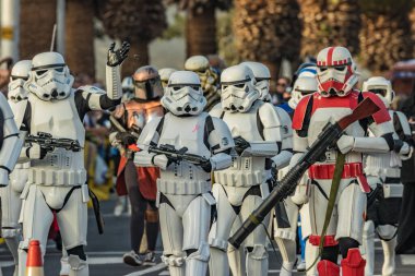 SANTA CRUZ DE TENERIFE, SPAIN - FEBRUARY 25, 2020: Coso parade - along the Avenida de Anaga, official end of Carnival. Again march carnival groups, floats, decorated cars and the Carnival Queens.