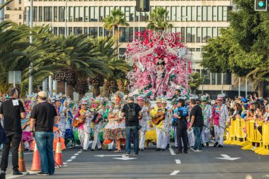 SANTA CRUZ DE TENERIFE, SPAIN - FEBRUARY 25, 2020: The Coso Parade - Final procession of the Carnival - second most popular and internationally known. One of the Carnival Queen candidate.