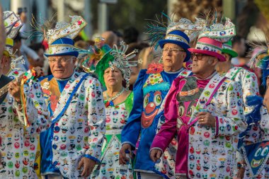 SANTA CRUZ DE TENERIFE, SPAIN - FEBRUARY 25, 2020: Coso parade - along the Avenida de Anaga, official end of Carnival. Again march carnival groups, floats, decorated cars and the Carnival Queens.