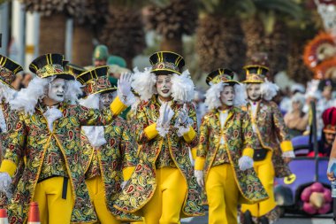 SANTA CRUZ DE TENERIFE, SPAIN - FEBRUARY 25, 2020: Coso parade - along the Avenida de Anaga, official end of Carnival. Again march carnival groups, floats, decorated cars and the Carnival Queens.