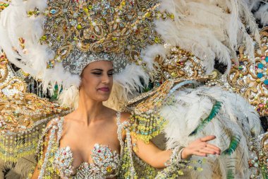 SANTA CRUZ DE TENERIFE, SPAIN - FEBRUARY 25, 2020: The Coso Parade - Final procession of the Carnival - second most popular and internationally known. One of the Carnival Queen candidate.