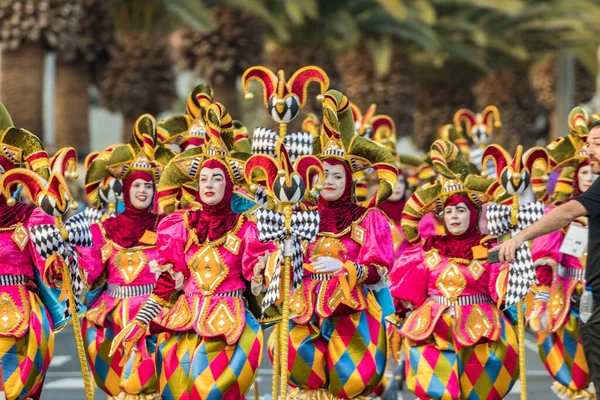 SANTA CRUZ DE TENERIFE, SPAIN - FEBRUARY 25, 2020: Coso parade - along the Avenida de Anaga, official end of Carnival. Again march carnival groups, floats, decorated cars and the Carnival Queens.