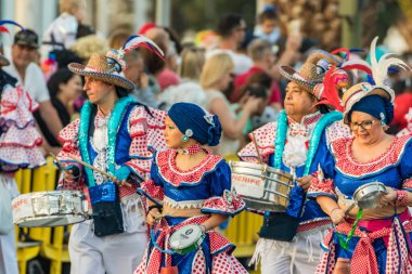 SANTA CRUZ DE TENERIFE, SPAIN - FEBRUARY 25, 2020: Coso parade - along the Avenida de Anaga, official end of Carnival. Again march carnival groups, floats, decorated cars and the Carnival Queens.