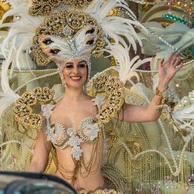 SANTA CRUZ DE TENERIFE, SPAIN - FEBRUARY 25, 2020: The Coso Parade - Final procession of the Carnival - second most popular and internationally known. One of the Carnival Queen candidate.