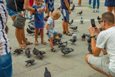 St. Mark Meydanı, VENICE, İtalya - 02 Ağustos 2019: sıcak güneşli bir yaz günü. Çok sayıda turist şehir güvercinleriyle fotoğraflanıyor. Çocuklar oyun oynar ve kuşlarla oynamaya çalışır..